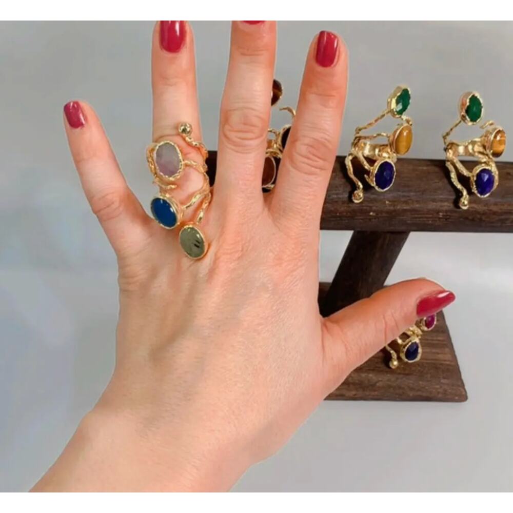 Statement Multi-Stone Agat Spiral Ring 24k Gold Plated - Picture 2 of 6